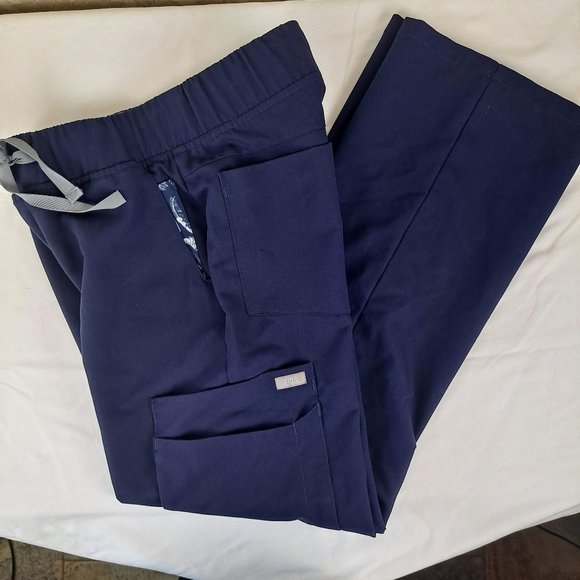 FIGS Size XXS Navy Blue Cargo Scrub Pants Blue Feather Print Accents Elastic Wst - Picture 2 of 16